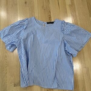 Pomander Place Blue and White Striped Ruffled Sleeve Top
